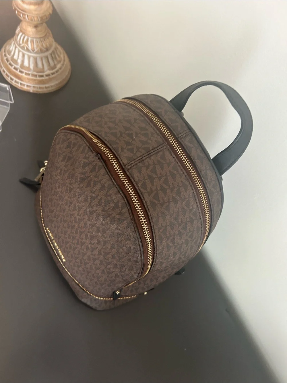 Michael Kors Jaycee Brown MK Signature Logo Backpack Gold Hardware Travel Bag